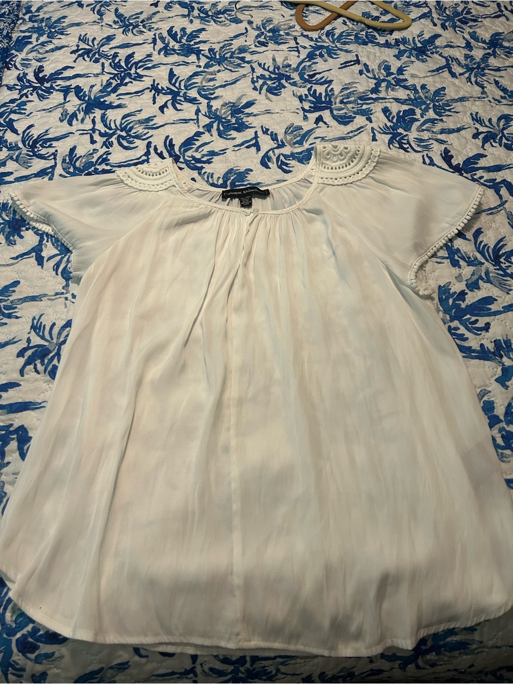 Catherine Malandrino Ivory Embroidered Yoke Short-Sleeve Blouse